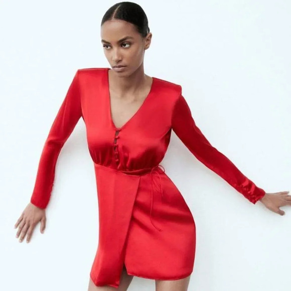 Zara Satin  Effect Long Sleeve Wrap Shirt Dress Red Size Medium - Picture 2 of 10